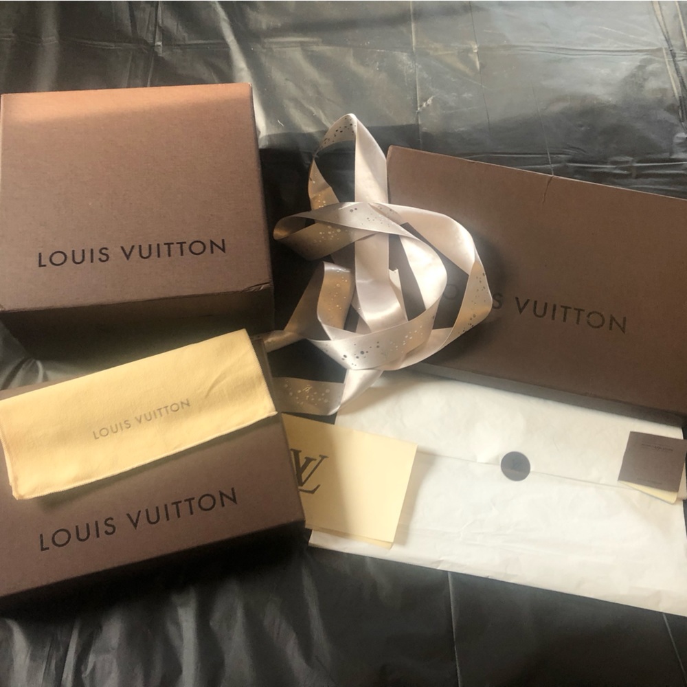 Louis Vuitton empty brown boxes with LV ribbon, LV tissue paper, LV care…